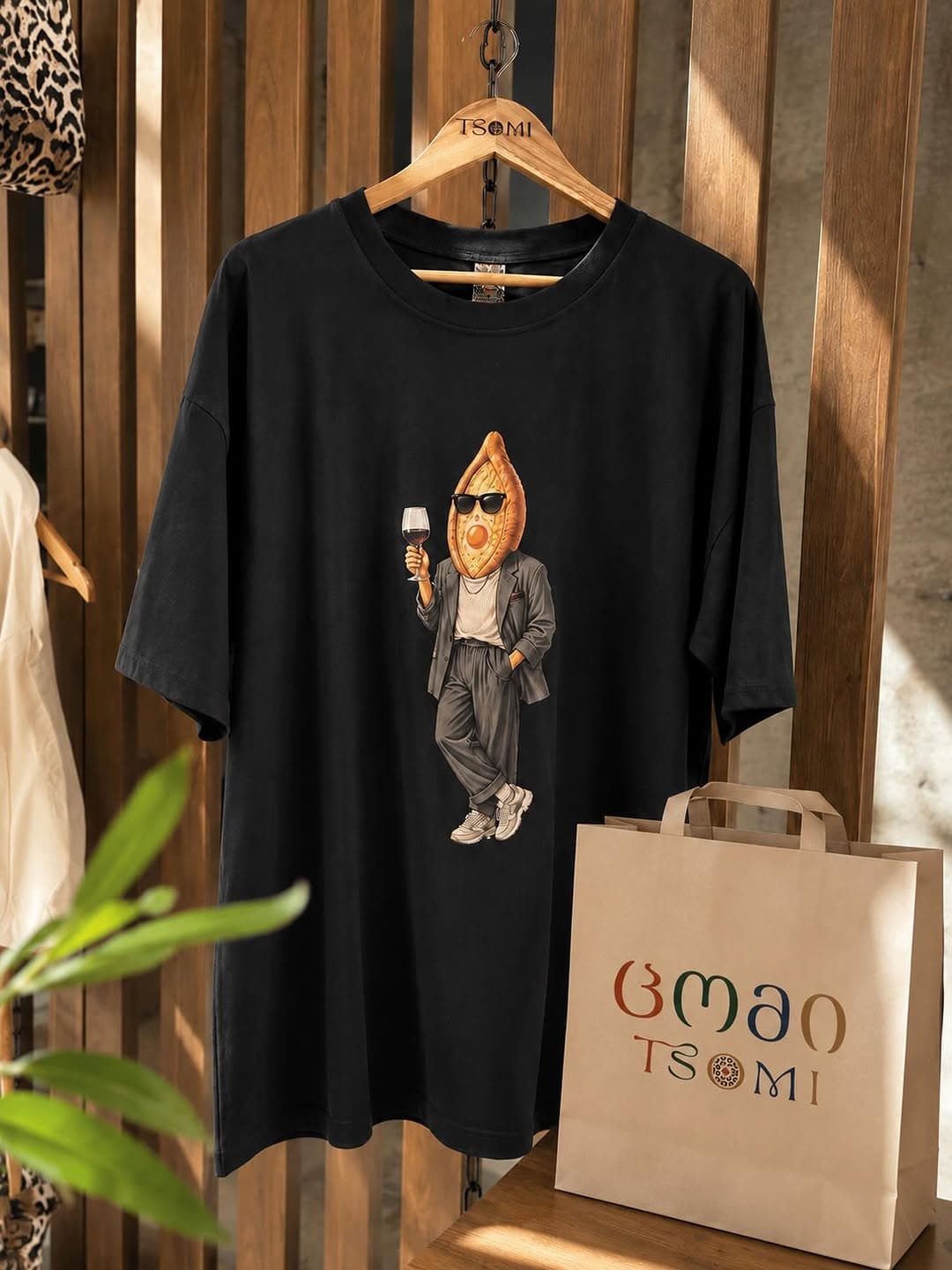 Black oversized tee with Mr. Khachapuri in a grey suit and sunglasses, holding a glass of wine