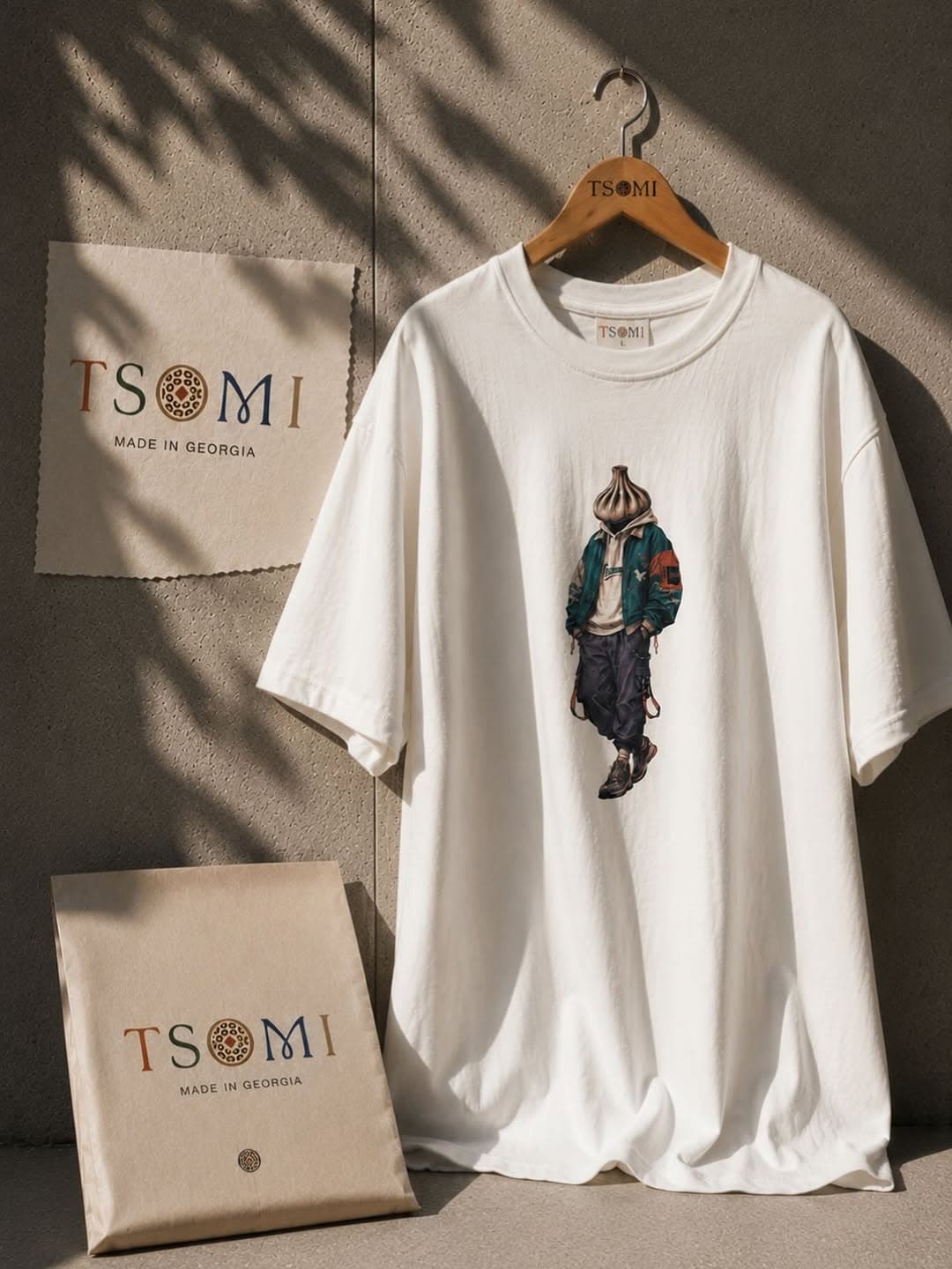 White oversized tee with the khinkali-headed character